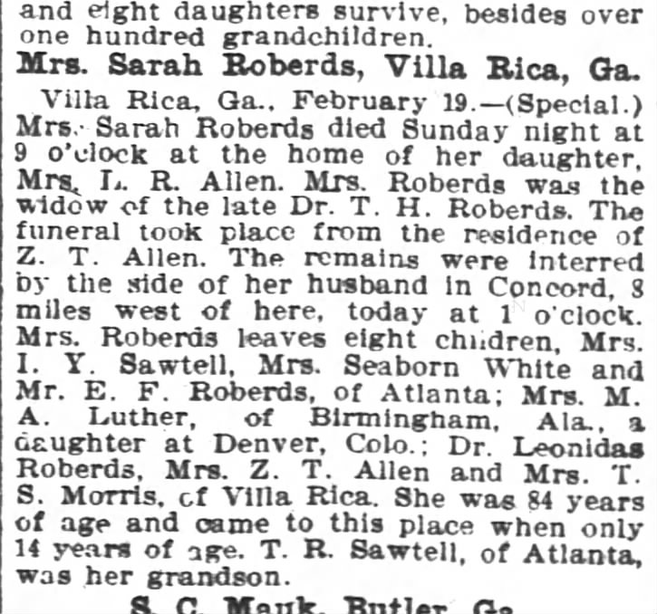 Sara Roberds death 1902