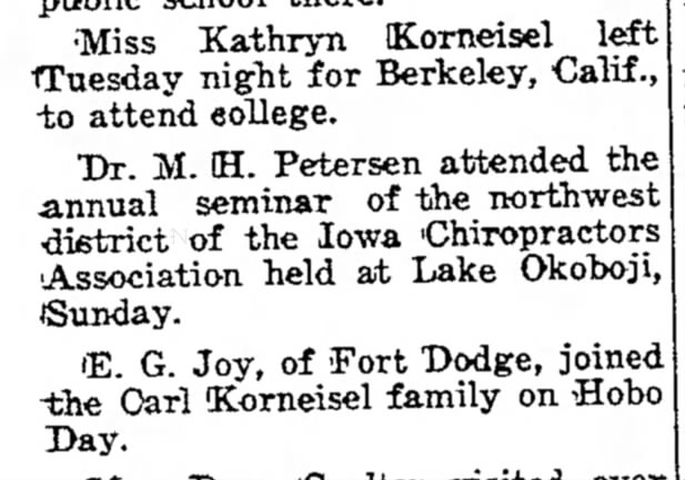 1953 Sep 9 Kathryn Korneisel left for college-Korneisels at Hobo Day Fort dodge