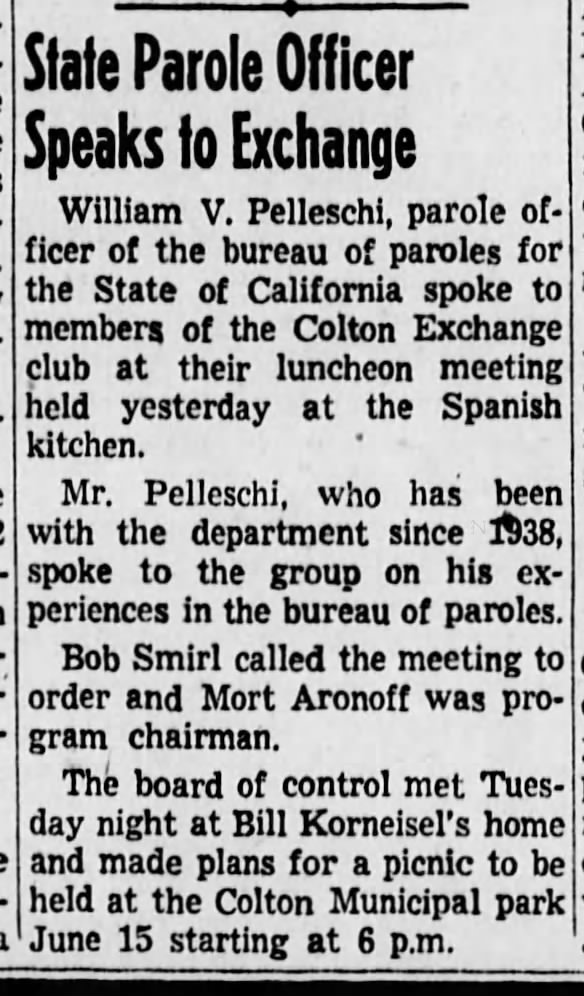 1949 May 26 Bill Korneisel plan picnic Colton Municipal Park State Patrol speaks
