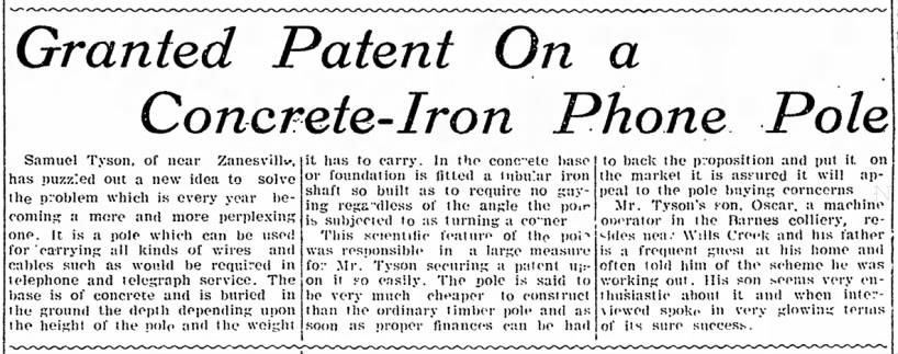 Patent Granted - Samuel H. Tyson, Coshocton Daily Age, 23 Nov 1908, p. 1