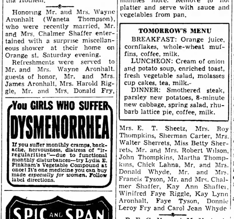 Wedding Shower - For Wayne and Waneta Aronhalt, The Coshocton Tribune, Tuesday, 17 Mar 1942, p. 5