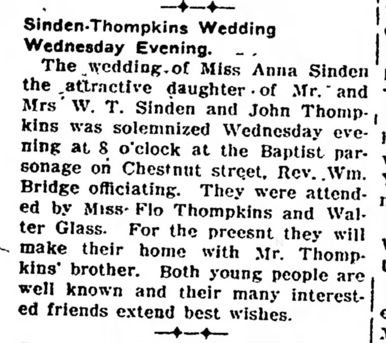 Sinden-Thompkins Wedding - Coshocton Daily Age, 20 July 1911, p. 5