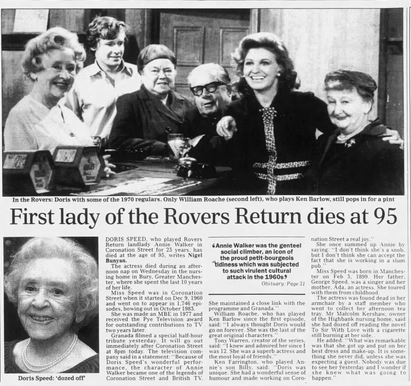First lady of the Rovers Return dies at 95