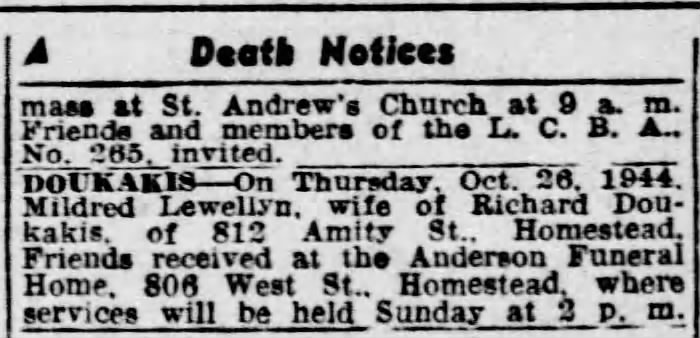 Doukakis Richard death notice. Pgh Press 27 Oct 1944 p 35 col 7