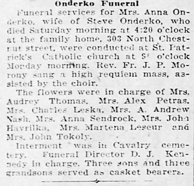 Anna Onderko funeral services.  Wife of Steve.  15 oct 1925 Illinois