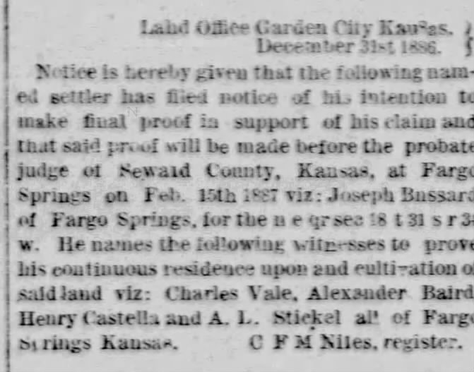Joseph Bussard final proof on Fargo Springs, Kansas