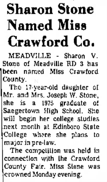 Sharon Stone, Miss Crawford County, The Oil City Derrick, Oil City, PA, August 20, 1975, page 2
