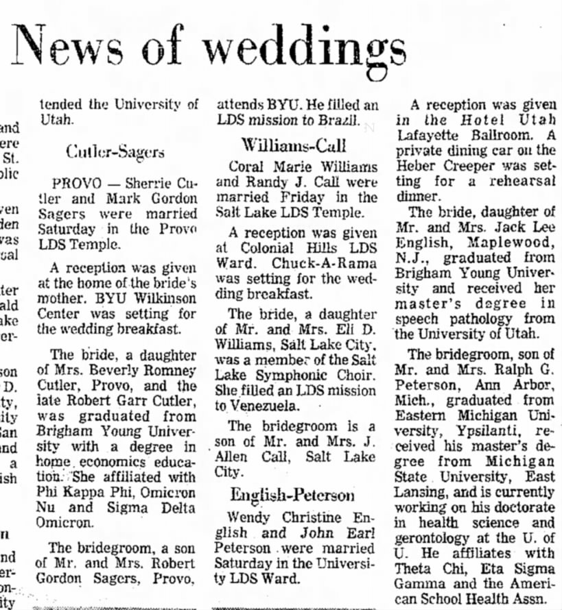 TheSaltLakeTribune; 27 June 1976 Sherrie Cutler wedding