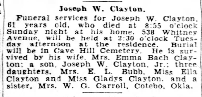 Clayton, Joseph W. Obit 1933