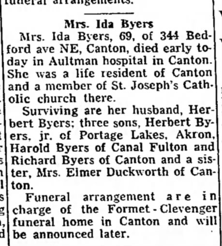 Ida Byers obituary in The Evening Independent, Massillon, Ohio on 24 September 1955 on page 2 