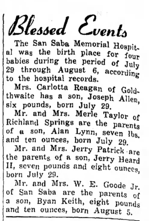 The San Saba News and Star 7 Aug 1958 Pg, 6 Blessed Events