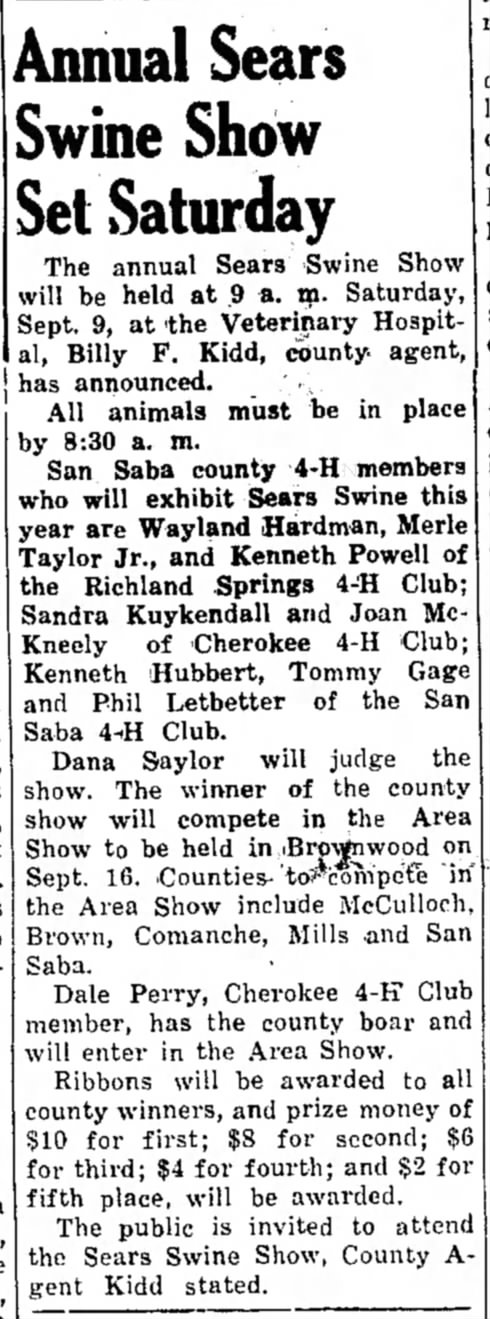 The San Saba News and Star 7 Sep 1961 Pg. 1 Annual Sears Swine Show Set Saturday