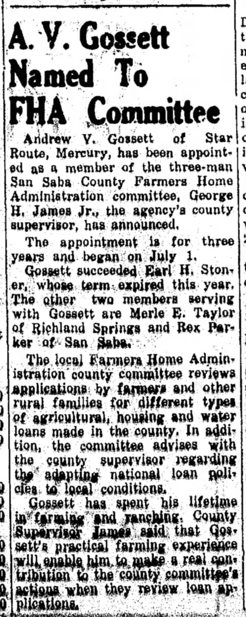 The San Saba News and Star 19 Oct 1964 Pg. 1 A V Gossett Named to FHA Committee