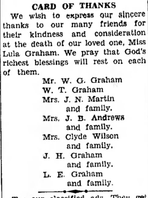 Card of Thanks in the death of Lula O Graham