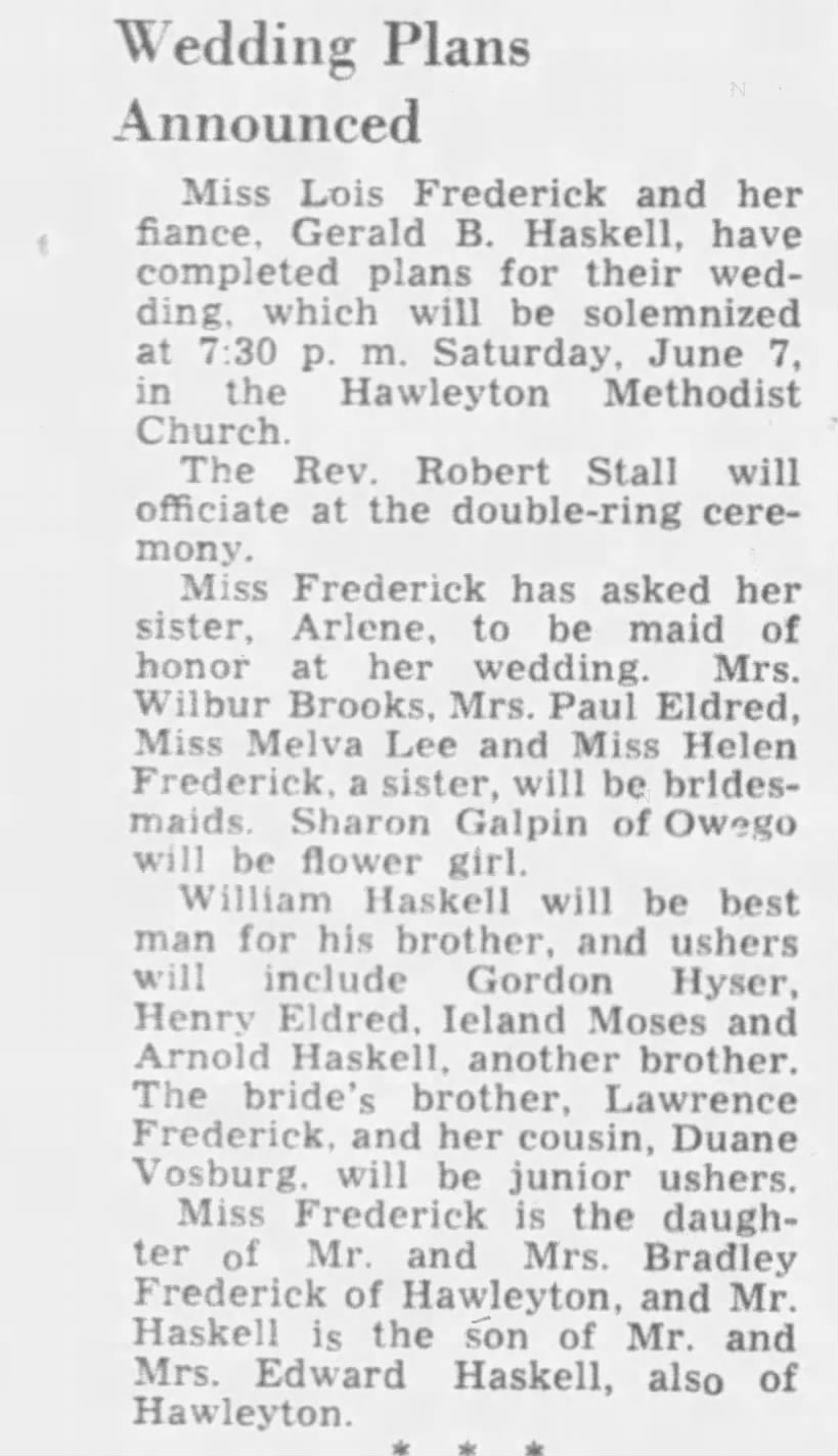 Gerald B. Haskell weds 1947