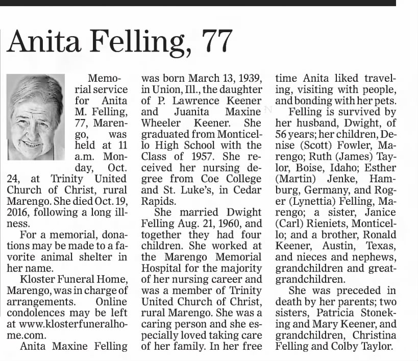 Anita (Keener) Felling Obituary