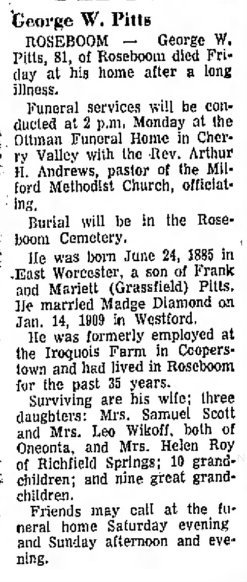 Obit of George W. Pitts
Saturday, July 30, 1966