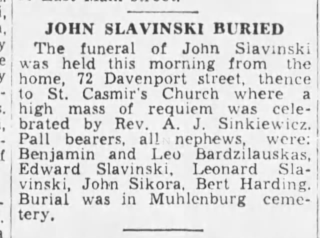 John Slavinski buried in St. Casimir's Cemetery in Muhlenburg 24 Mar 1836