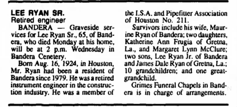Lee Carlton Ryan Sr - Obituary 1990