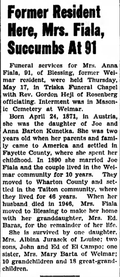 Annie Kunetka Fiala - Obituary