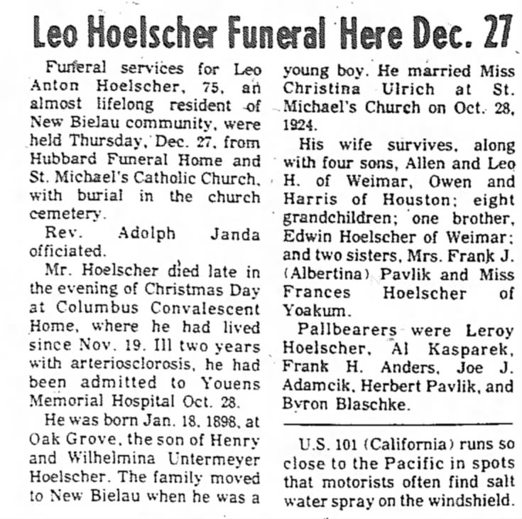 Leo Anton Hoelscher - Obituary 1974