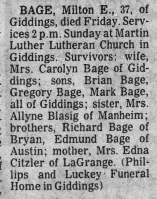 Milton Bage - Obituary 1976