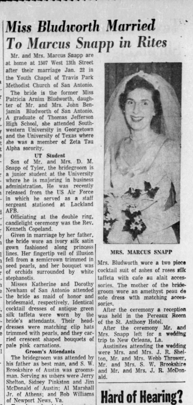 Marcus and Patricia (Bludworth) Snapp - Wedding Announcement 1955