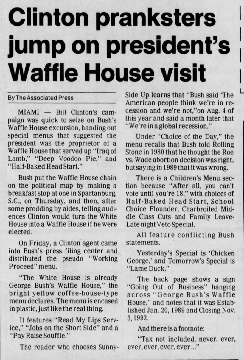 Clinton campaign clowns on Bush's Waffle House visit, 10/25/1992