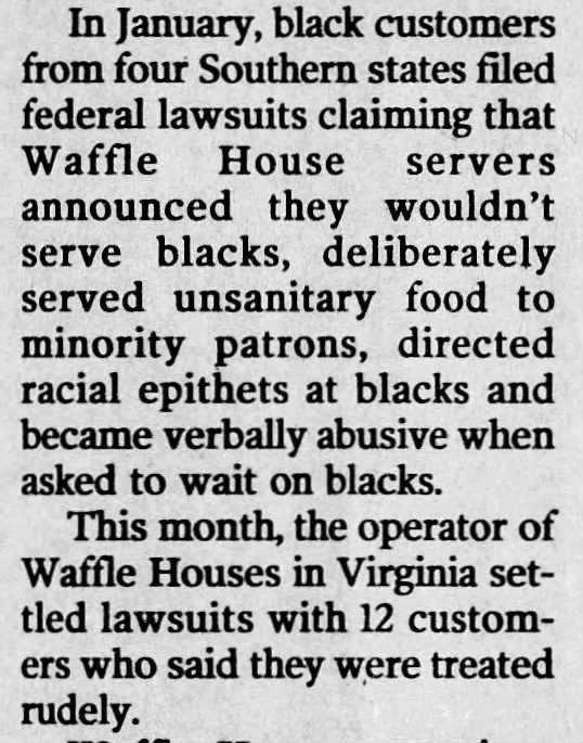 Waffle House: accusations of racist treatment of customers, 2005