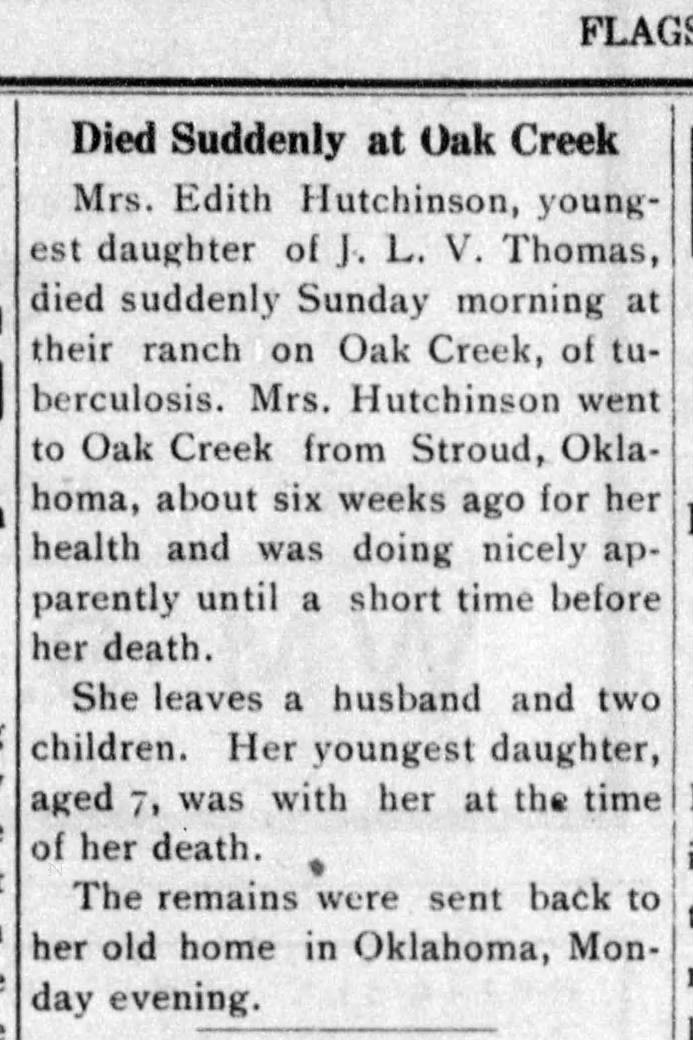Mrs. Edith Hutchinson Died Suddenly at Oak Creek