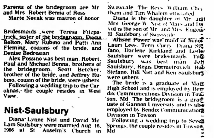 Diana Lynne Nist, wedding announcement, News Record, North Hills, PA, September 2, 1986