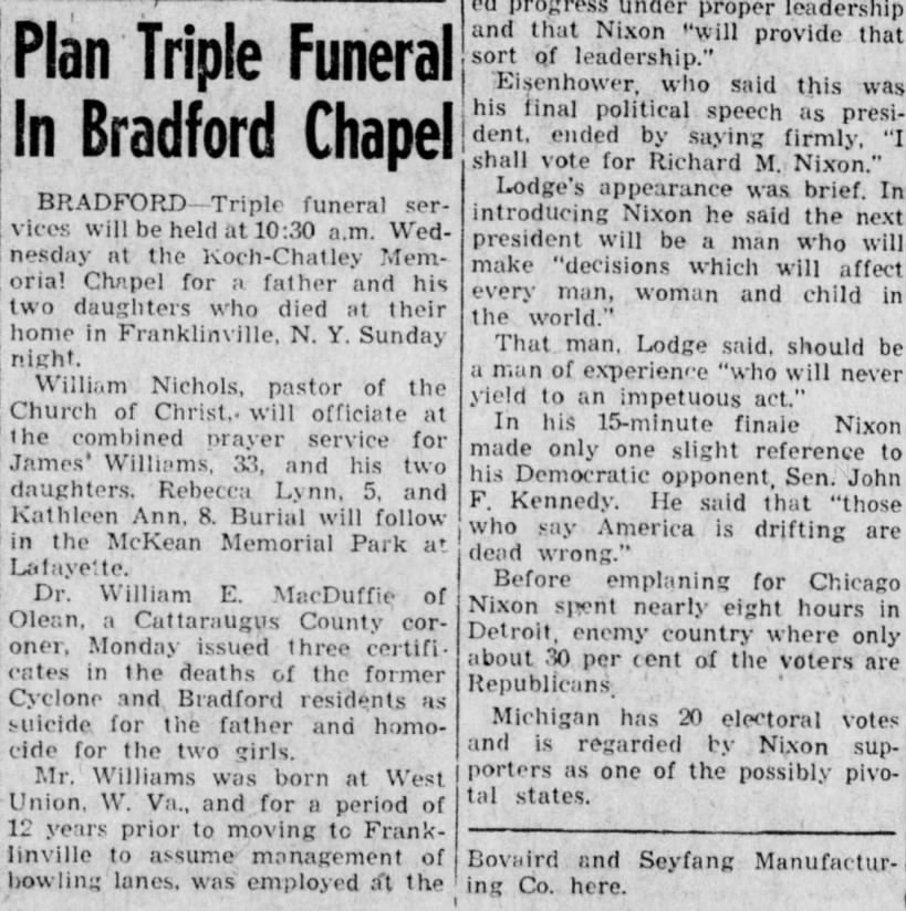 Funeral arrangements, family of Williams, Marguerite (Pistner), The Kane Republican, Tue. Nov 8, 196