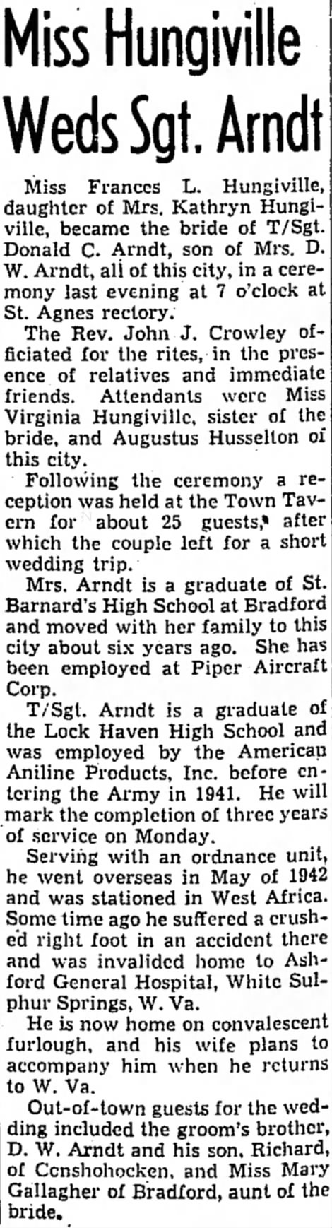 Wedding announcement, Hungiville, Frances & Arndt, Donald; The Express, Lock Haven, PA, Fri. May 12,