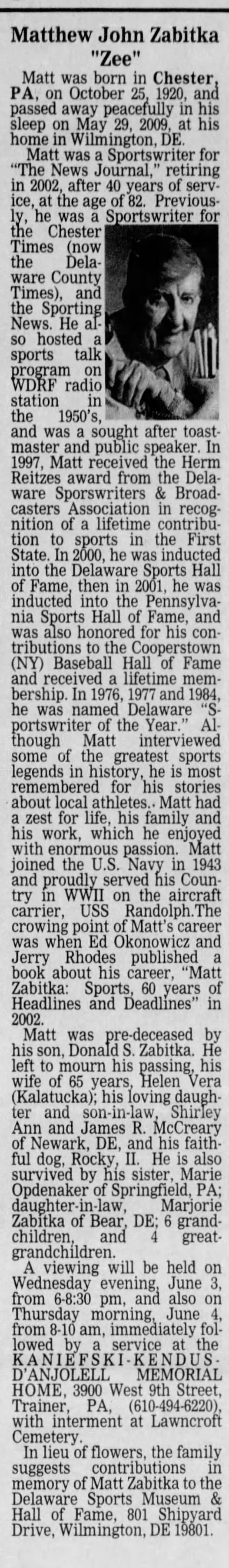 Obituary for Matthew John Zabitka Matt, 1920-2009 (Aged 82)