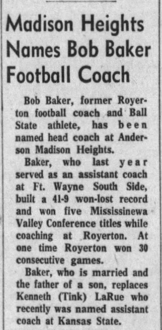 Madison Heights Names Bob Baker Football Coach