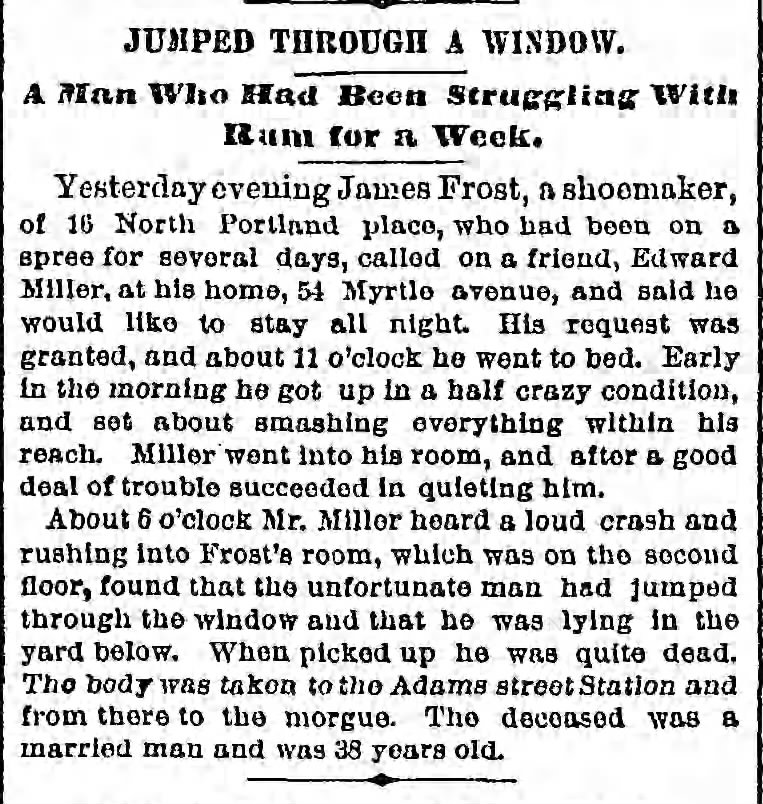 James Frost jumps through window to his death (1887)