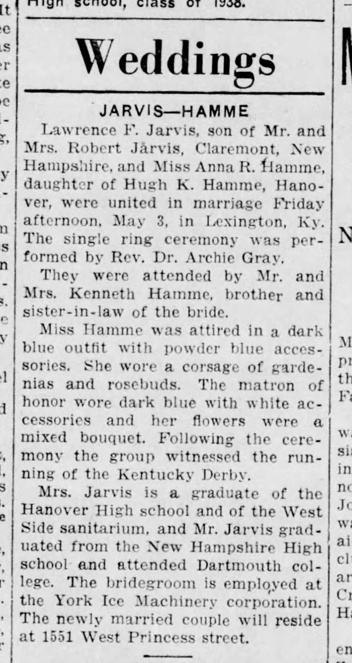 The Gazette and Daily York PA 9 May 1940 Jarvis Hamm Wedding