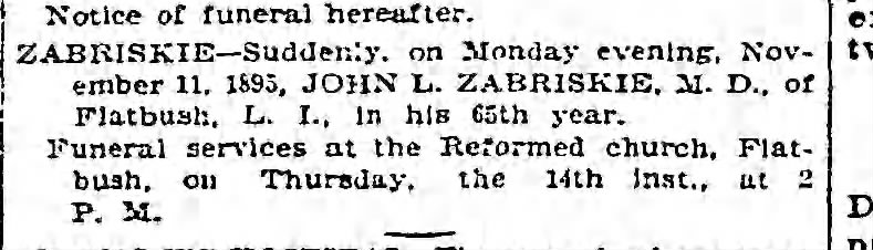 John L. Zabriskie, death notice Nov. 11,1895