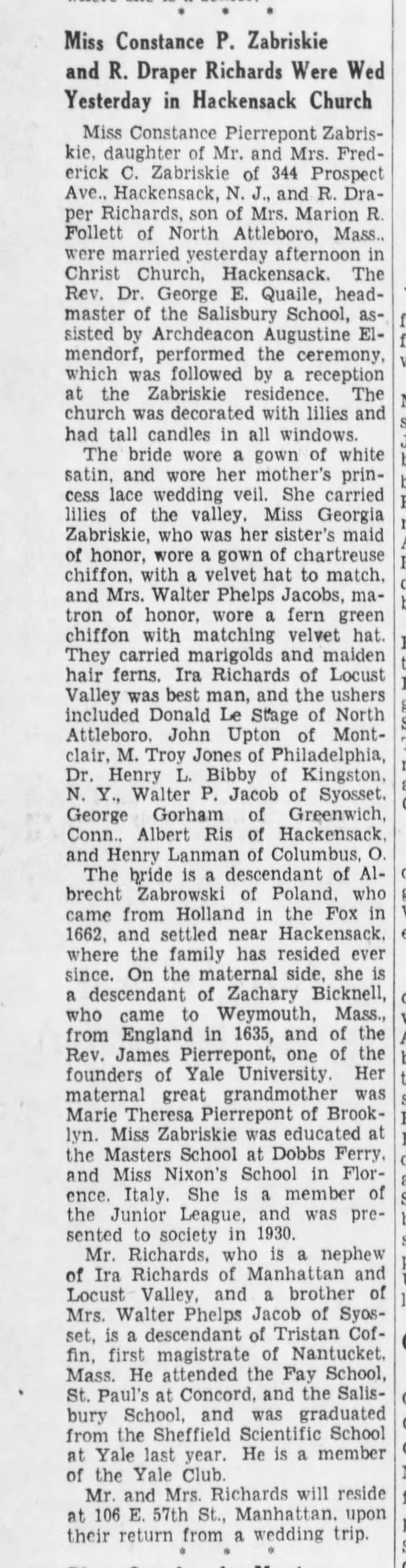 Constance P. Zabriskie-marriage annc. Daughter of Fredrick C. Zabriskie 1933