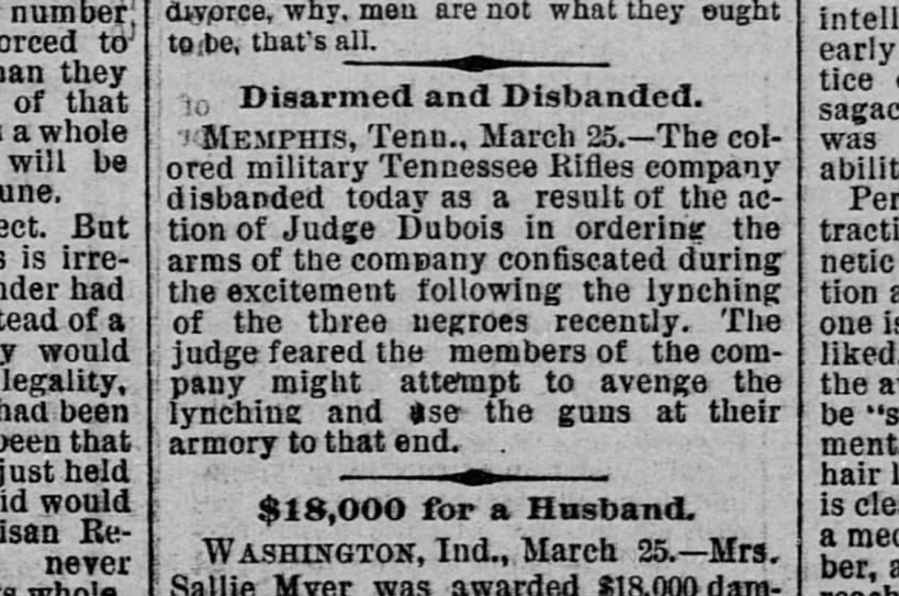 "colored military Tennessee Rifles" disarmed March 25, 1892