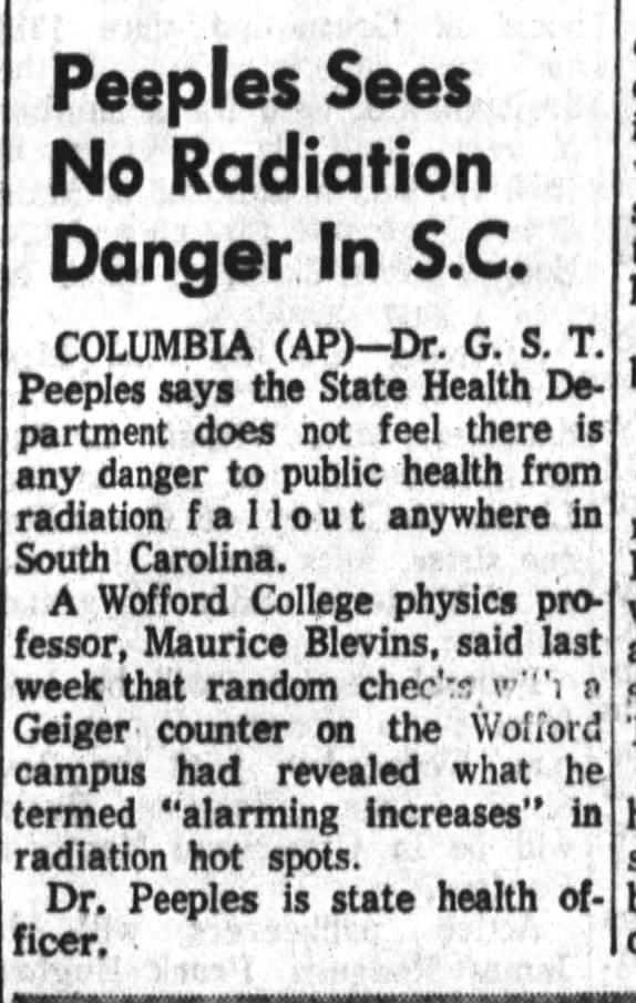 Maurice Blevins, Wofford College, comments on radiation November 1961 Greenwood Index-Journal
