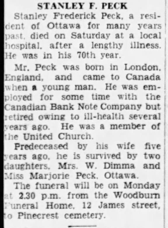 Obituary for Stanley Frederick PECK