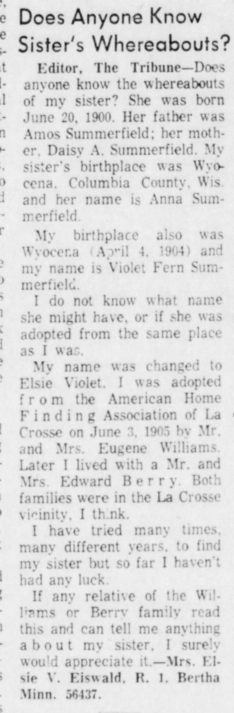 Elsie V. Eiswald asking for info on sister.