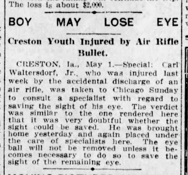 Carl Waltersdorf 02 May 1912 Eye Injury