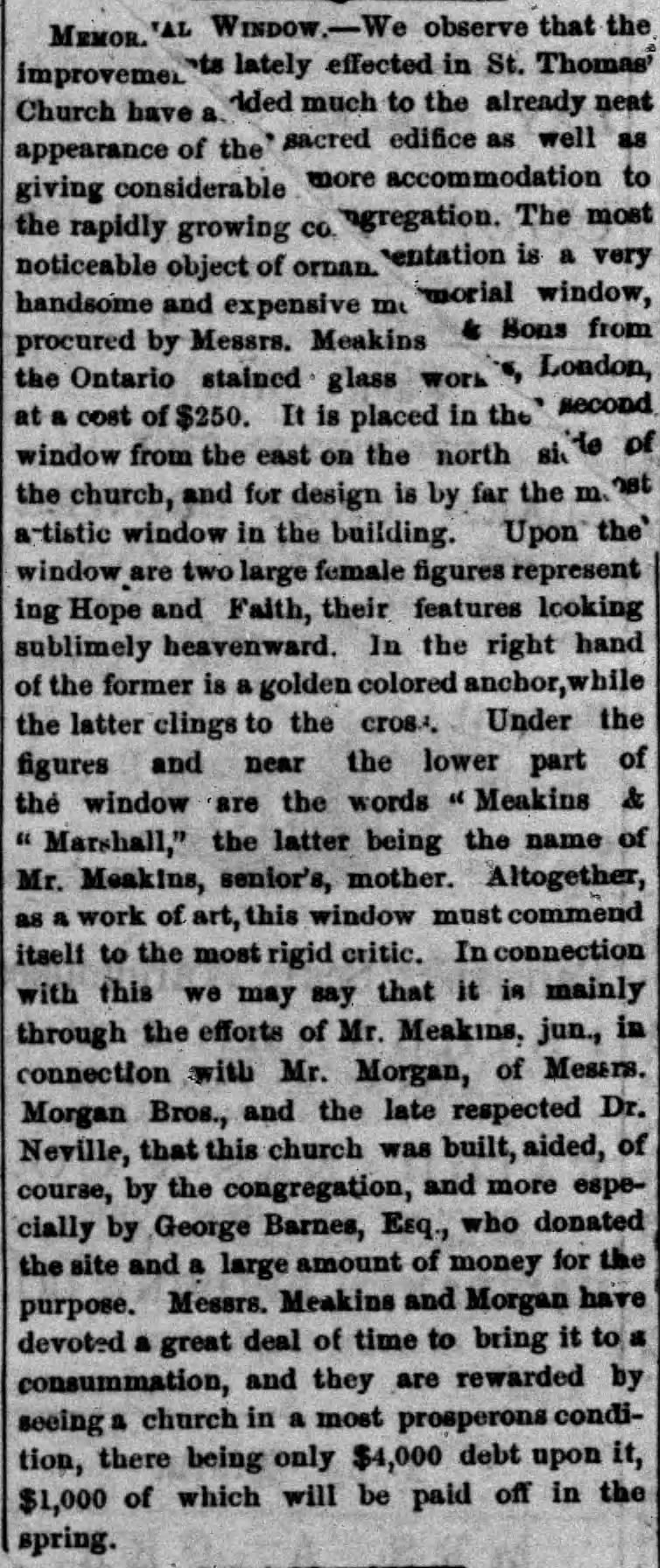 1872 C.W. Meakins placed a memorial window for his parents Meakins & Marshall at St. Thomas' Church.