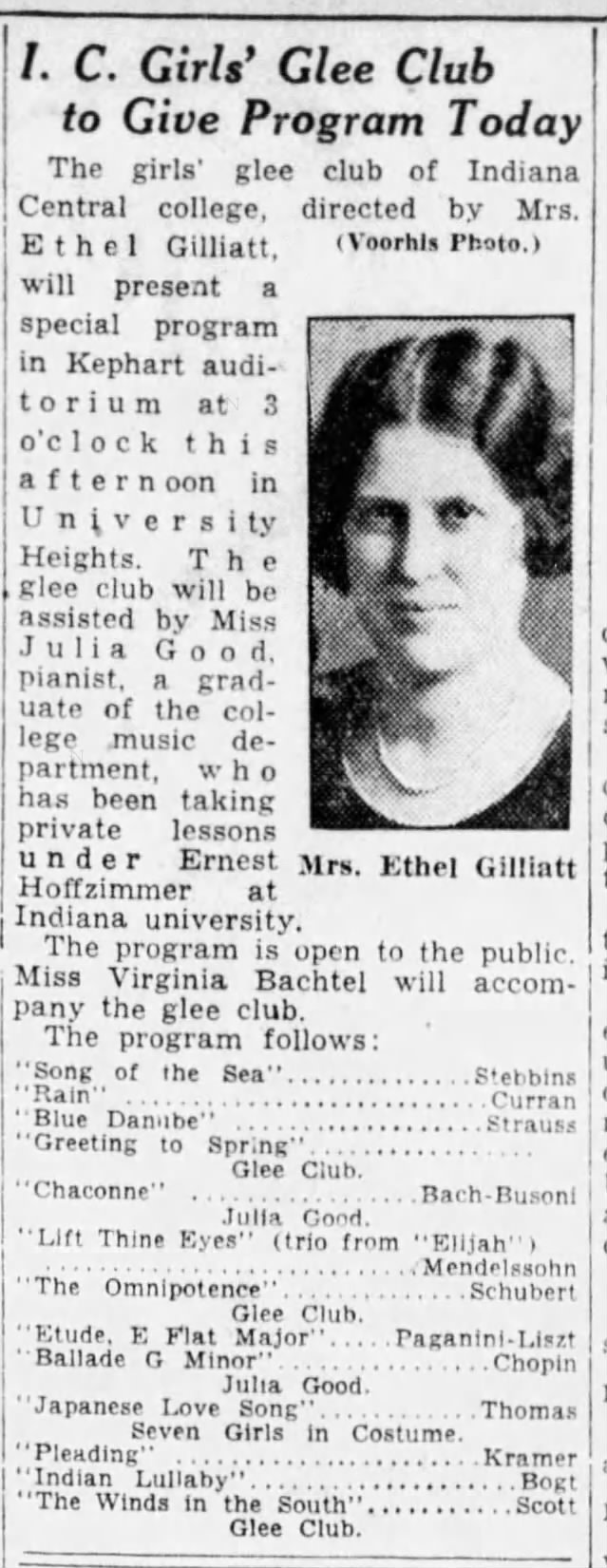1932 Julia Good studied piano under Ernest Hoffzimmer at Indiana University.