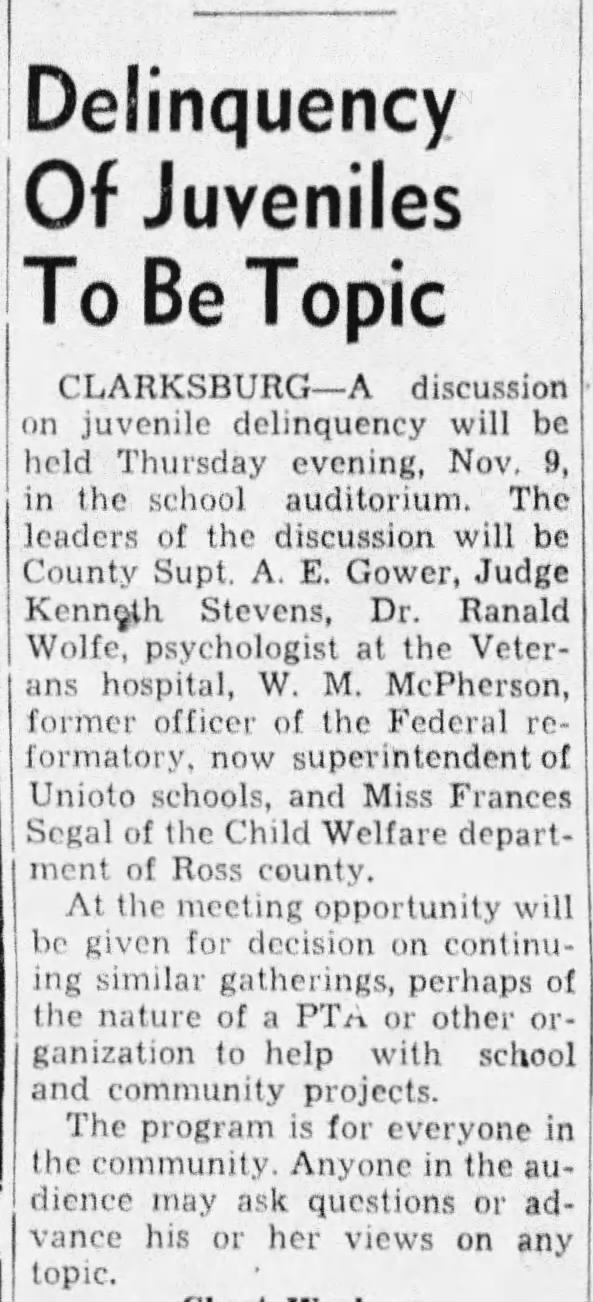 1950 Dr. Ranald Wolfe spoke on juvenile delinquency at the Clarksburg school auditorium.