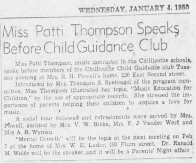 1950 Dr. Ranald M. Wolfe spoke on "Mental Growth" at the Child Guidance Club.