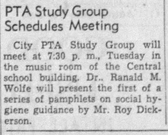 1950 Dr. Ranald M. Wolfe spoke to the city PTA