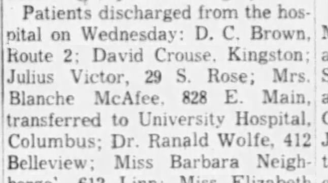 1954 Dr. Ranald M. Wolfe, 412 Belleview was discharged from the hospital.